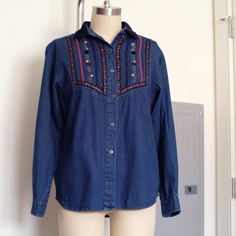 Vintage Victoria Jones Floral Western Button-Up Shirt with Navy Velour - Medium